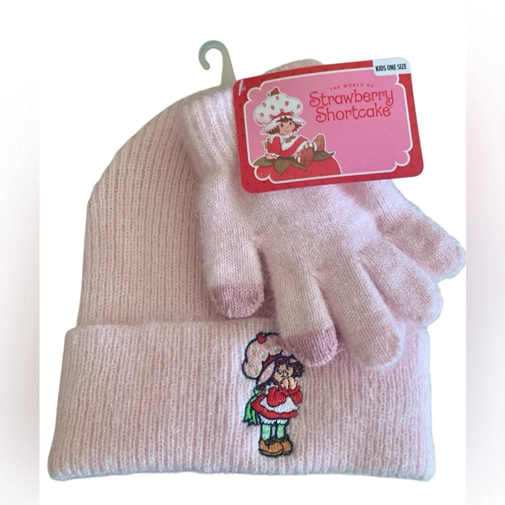 Strawberry Shortcake Beanie Embroidered & Gloves Cozy and Warmth Set Brand New